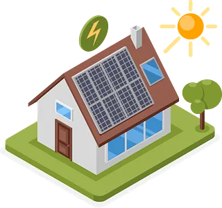 Tecknat hus med solceller på taket